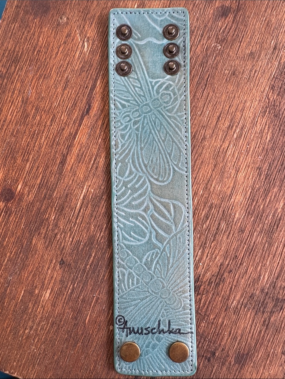 Anuschka Teal Floral & Dragonfly Embossed Leather Snap Cuff Bracelet
